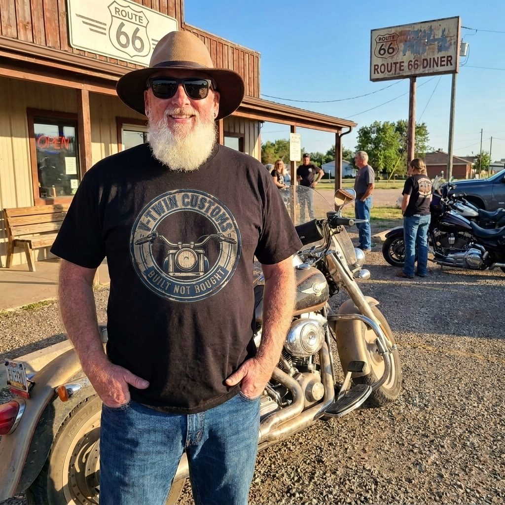 RIP MOTO crew rider in the V-Twin Customs tee at a roadside diner