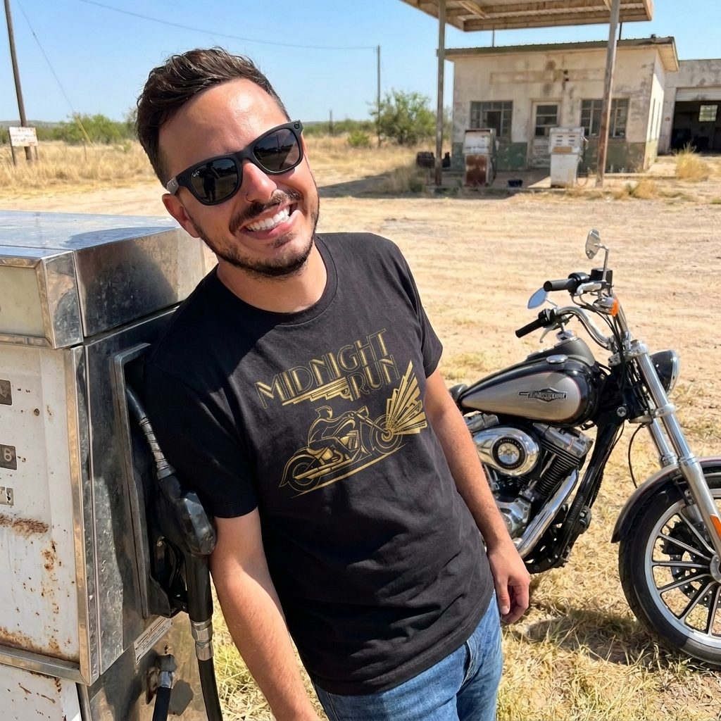 RIP MOTO crew rider in the Midnight Run tee at a gas station