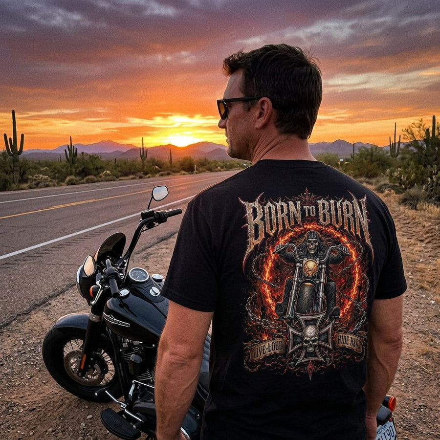 RIP MOTO crew rider showing the Born to Burn back print at sunset