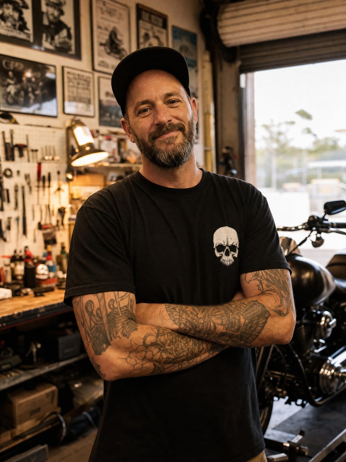 James, founder of RIP MOTO, in his garage workshop