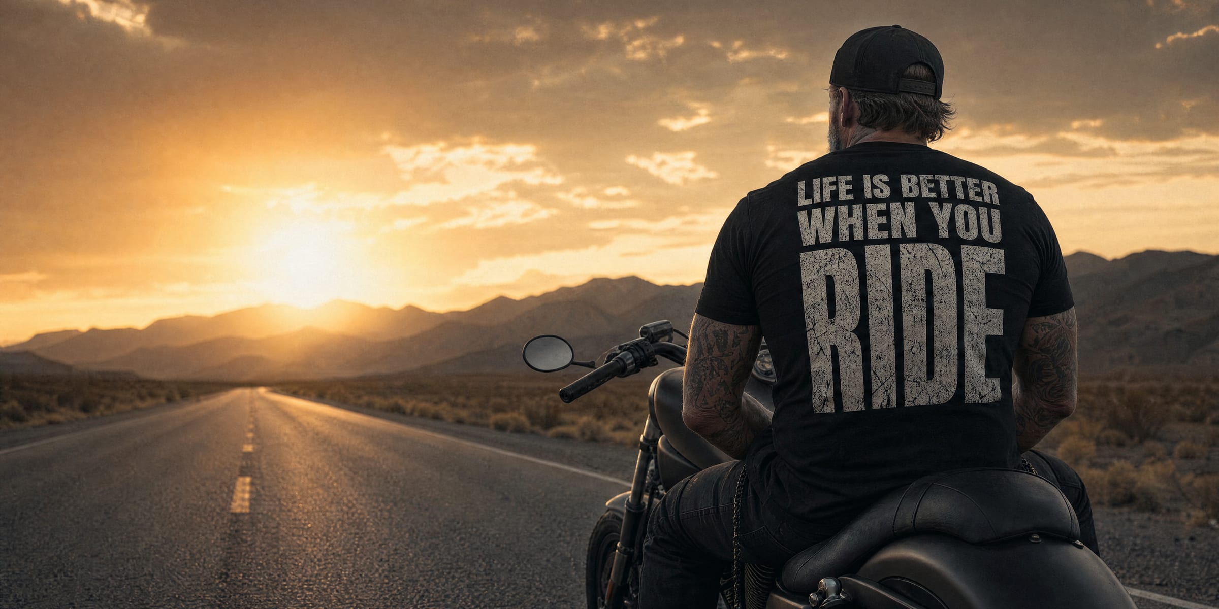 Biker on a cruiser riding into a desert sunset wearing a RIP MOTO back-print tee