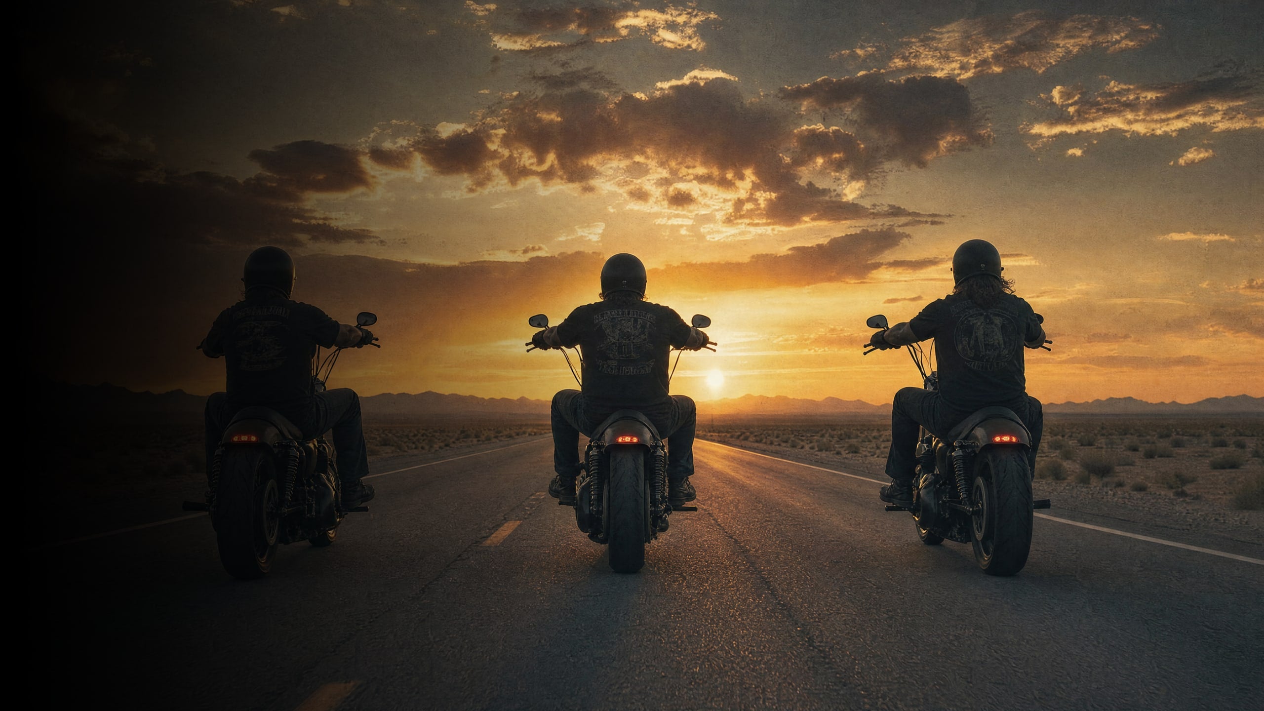 Three riders heading into the sunset, fading into black