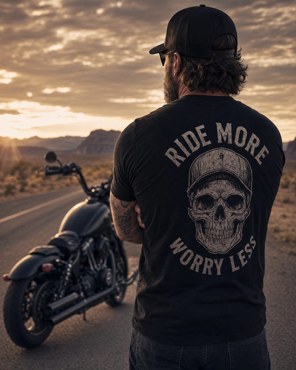 Rider wearing Ride More Worry Less skull back-print tee - Best Sellers