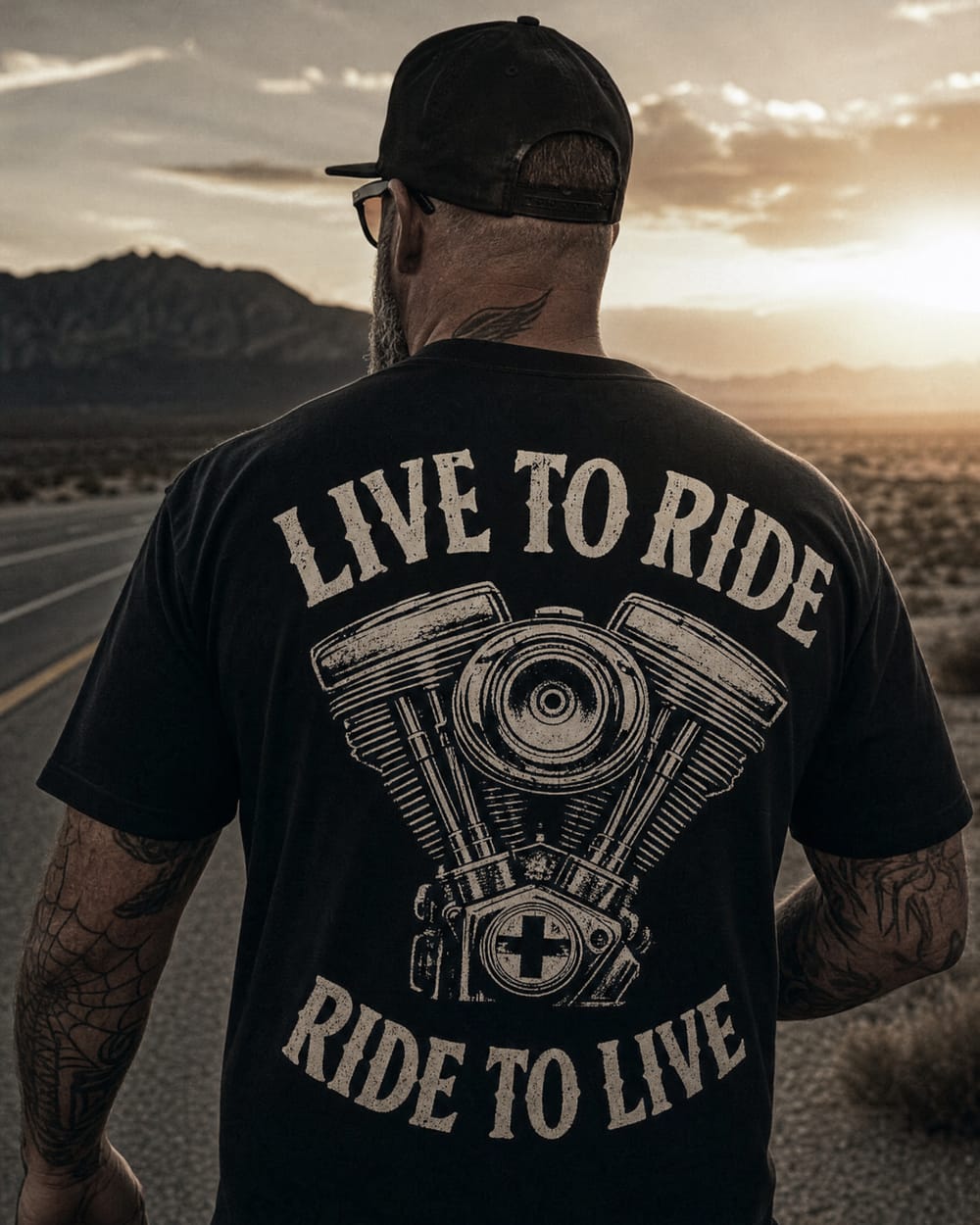 Rider wearing Live To Ride Ride To Live back-print tee - Classic collection