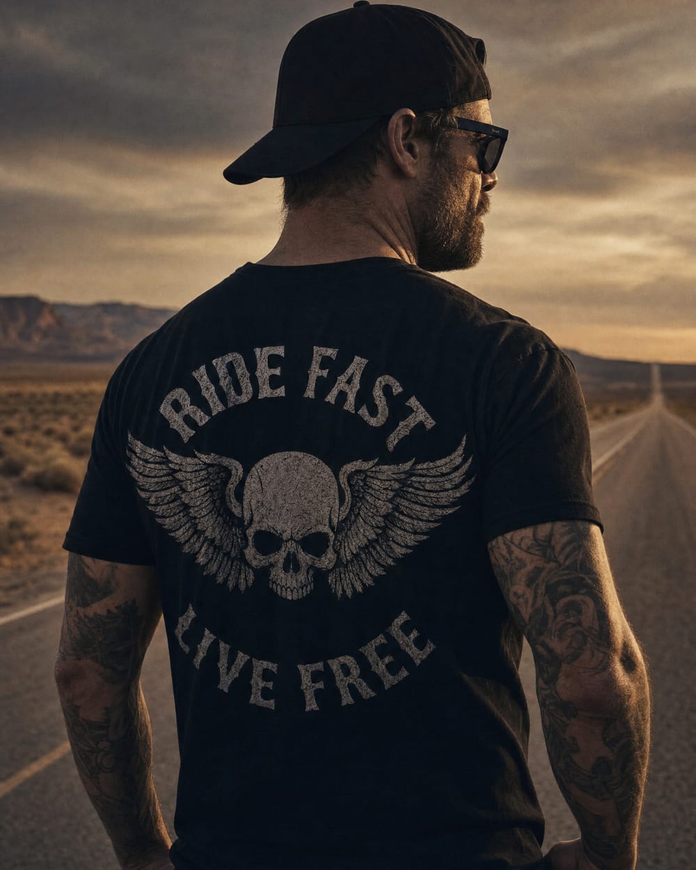 Rider wearing Ride Fast Live Free winged skull back-print tee - Freedom collection