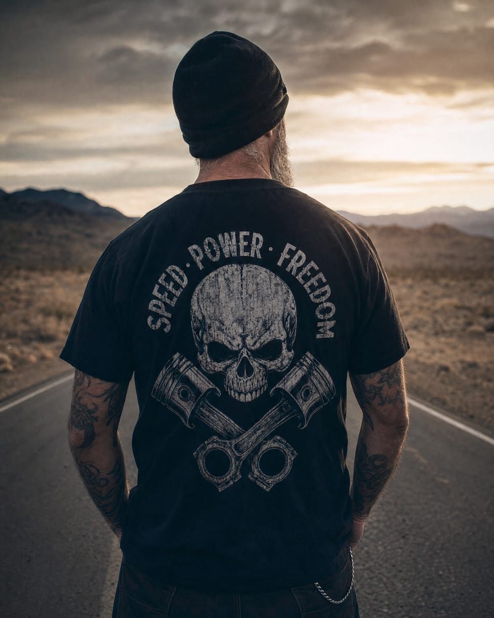 Rider wearing Speed Power Freedom skull back-print tee - Skull collection