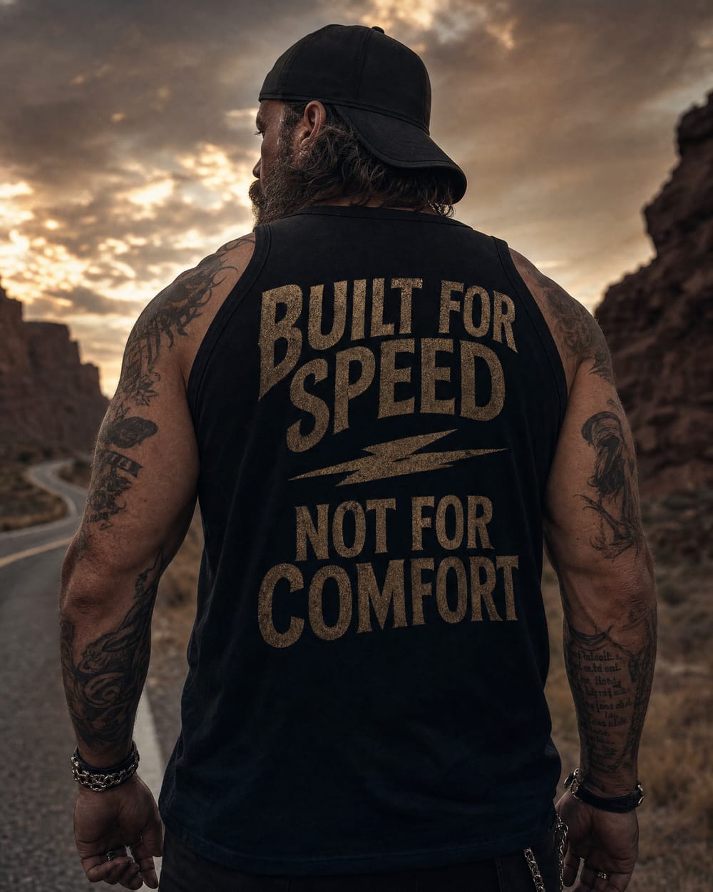 Rider wearing Built For Speed Not For Comfort back print - Speed and Power collection