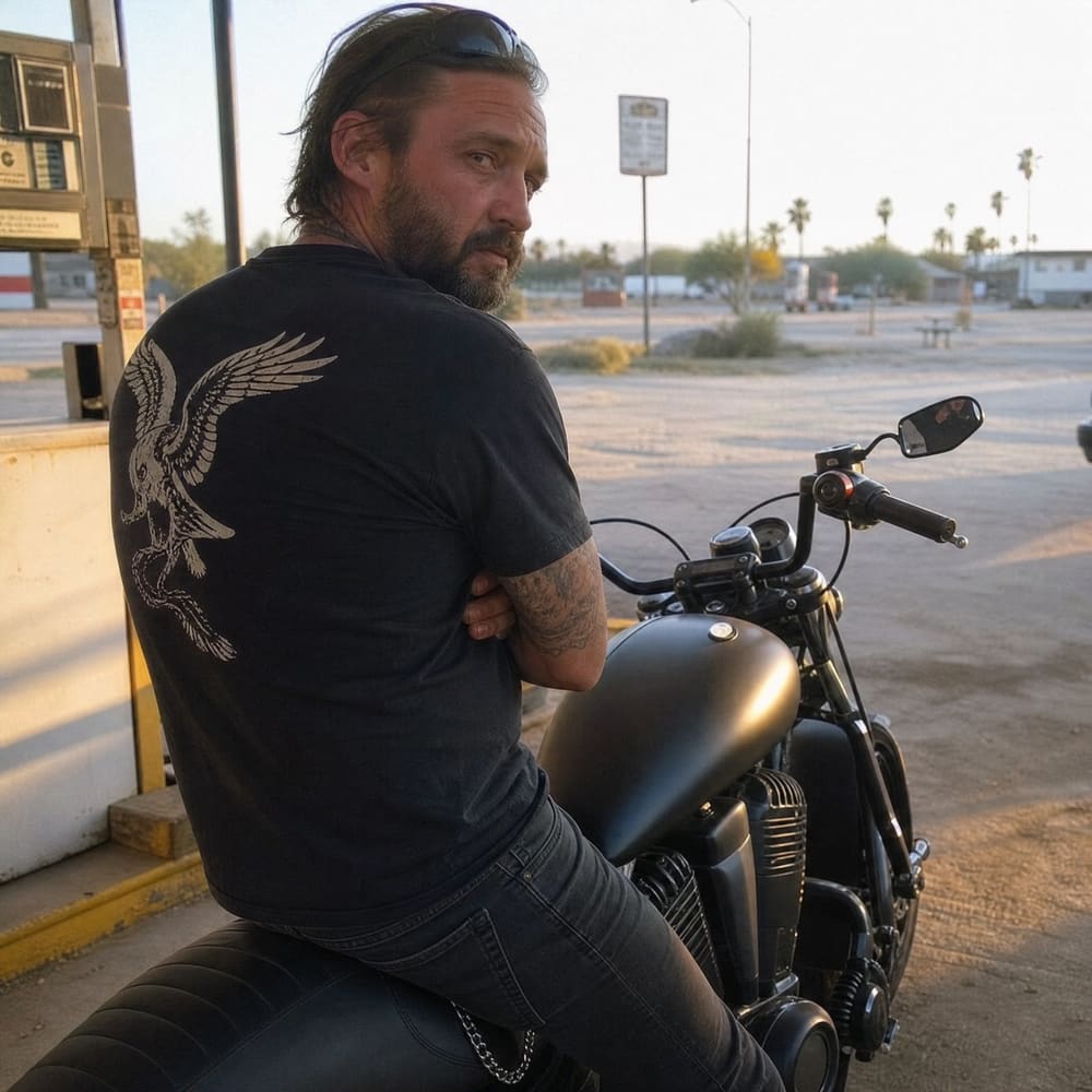 Rider leaning on his cruiser at a dusty gas station wearing RIP MOTO gear