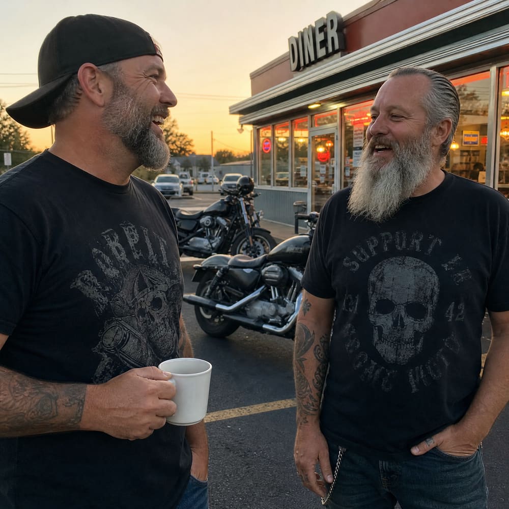 Two riders talking at a roadside diner at sunset in RIP MOTO tees