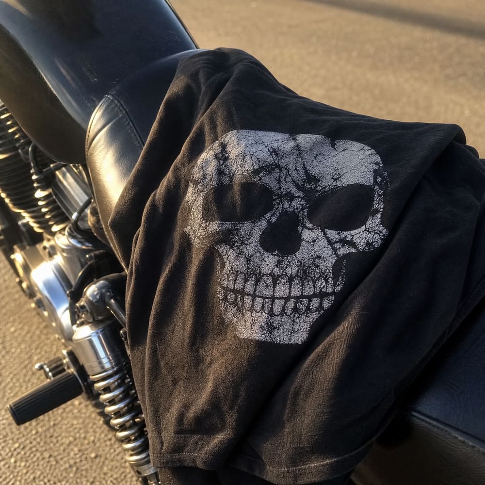 RIP MOTO skull print tee draped over a motorcycle seat at golden hour