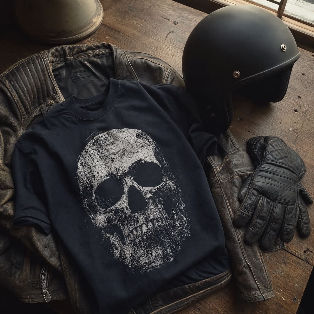 RIP MOTO tee flat lay with leather jacket, helmet and gloves