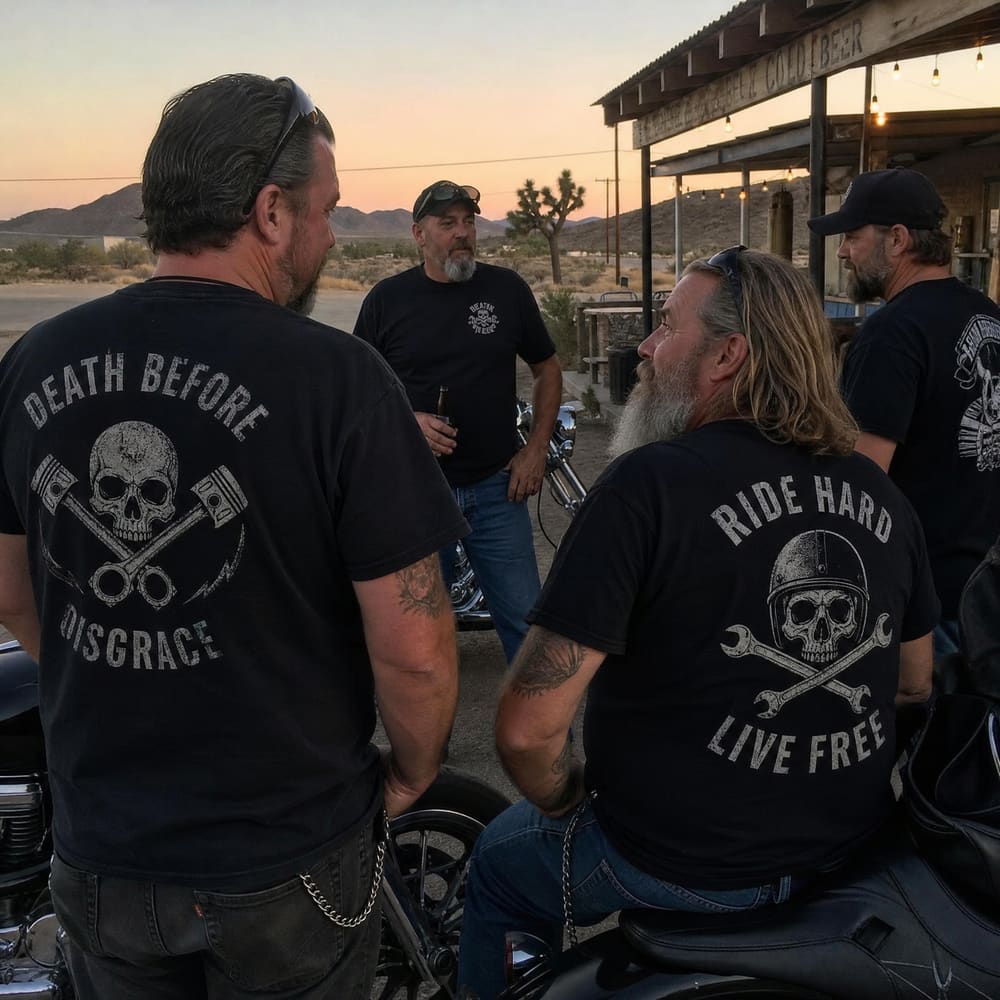 Group of riders hanging out at a desert rest stop in RIP MOTO tees