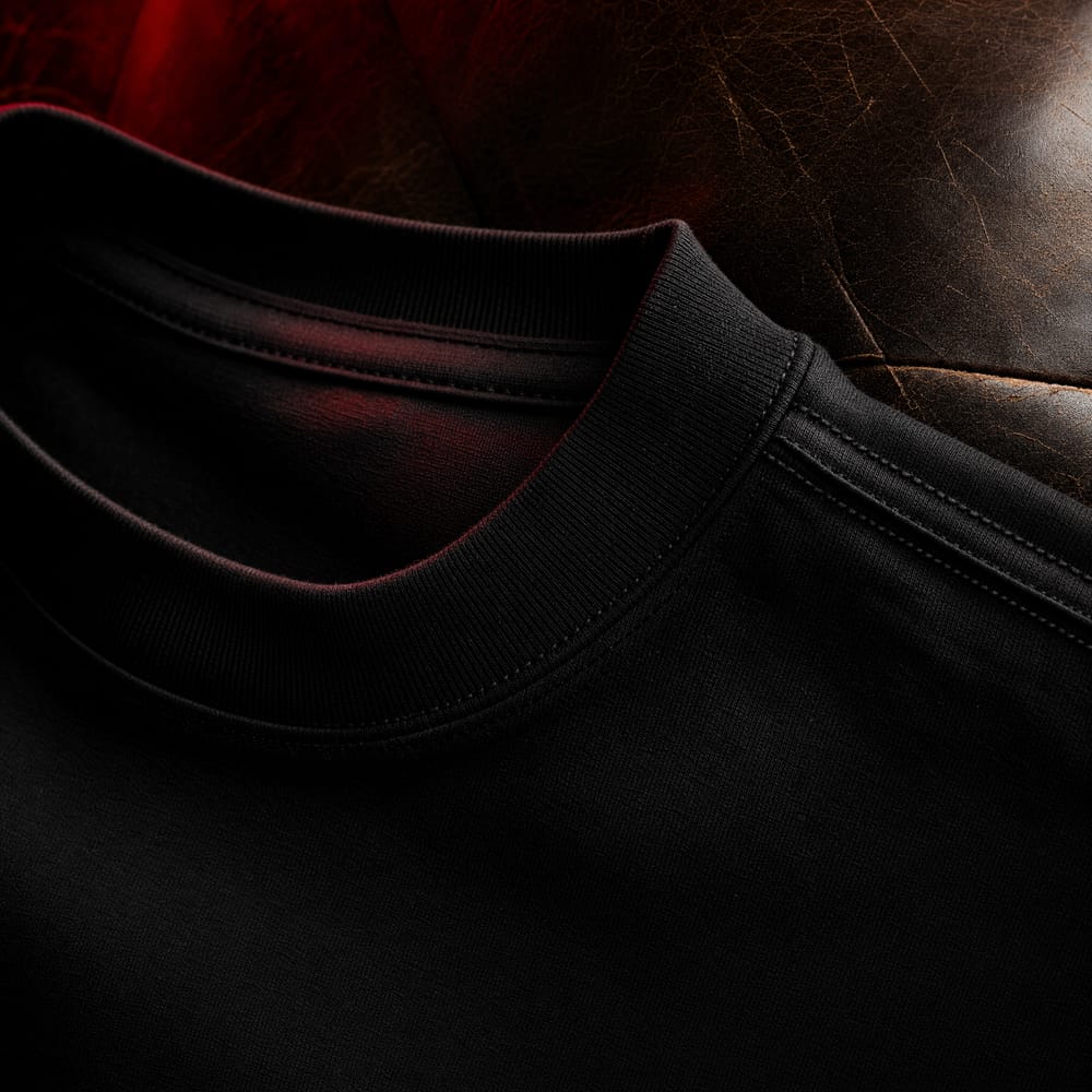 Ribbed collar and stitching detail of black tee