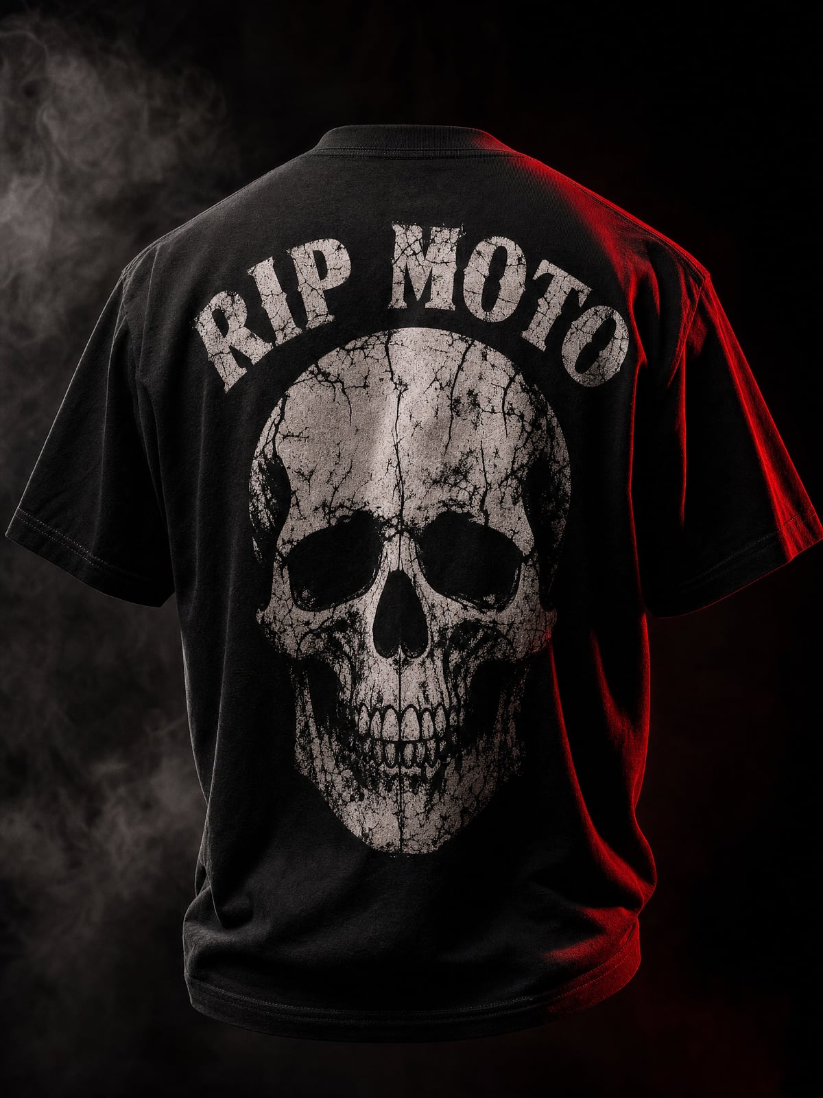 RIP MOTO skull back print tee with red rim lighting