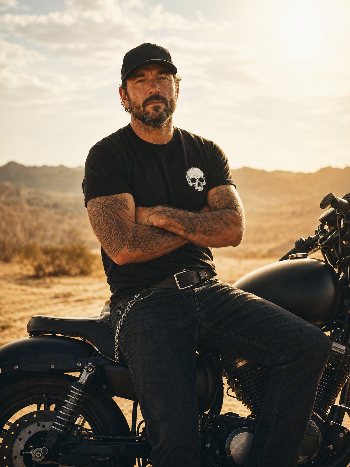 Rider portrait on cruiser at golden hour, arms crossed, RIP MOTO chest print