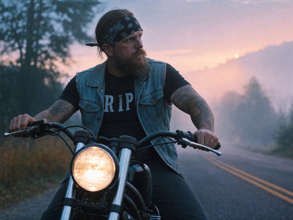 Rider at dawn with headlight through morning mist