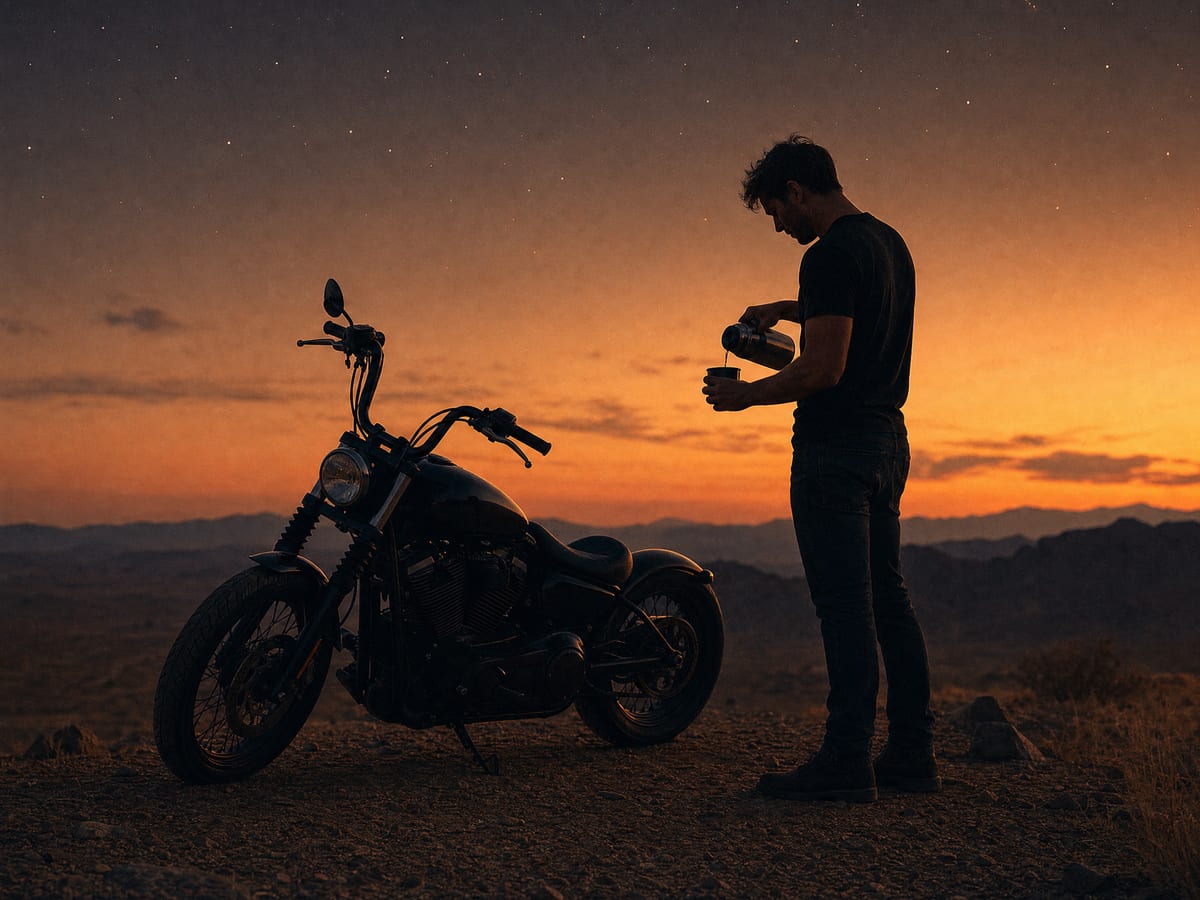 Rider at last light pouring coffee beside parked cruiser
