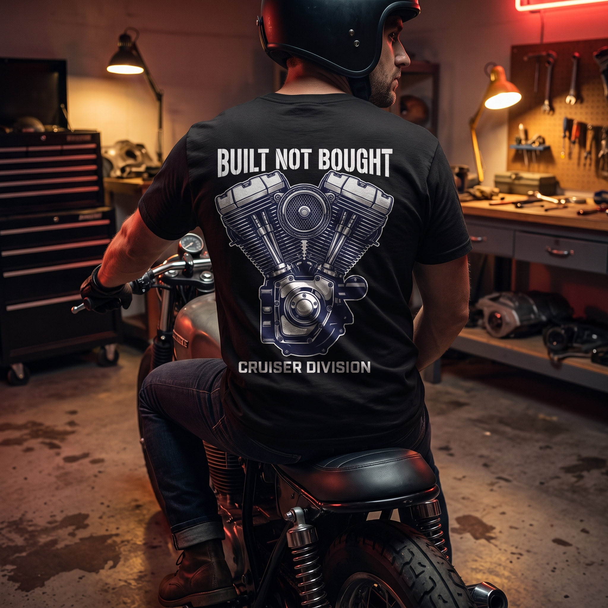 Built Not Bought T-Shirt worn by rider in garage