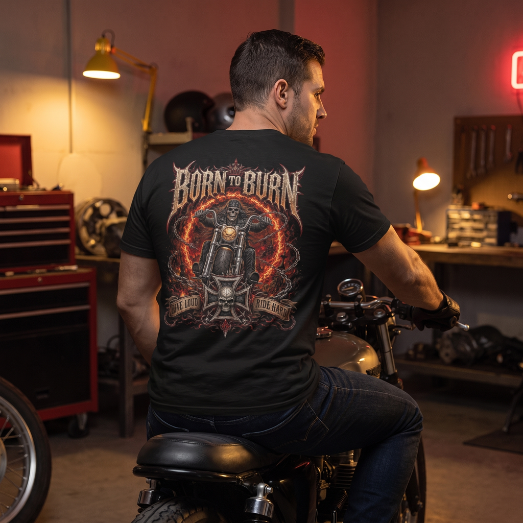 Born to Burn T-Shirt worn by rider in garage