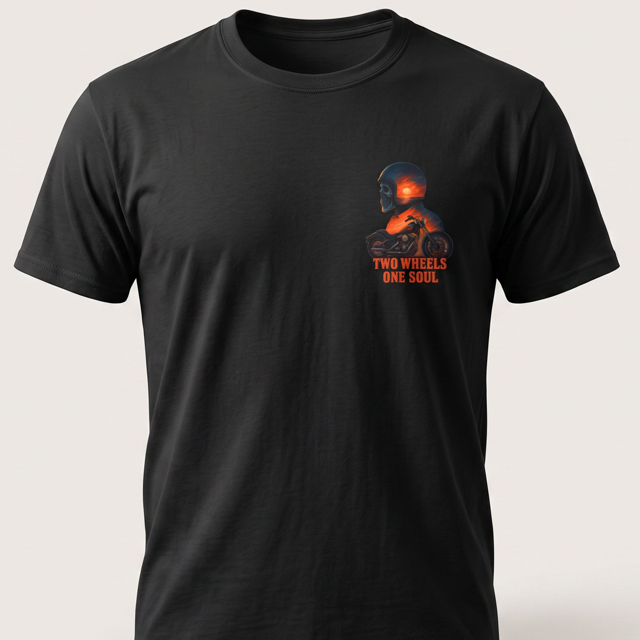 Two Wheels One Soul T-Shirt front chest print