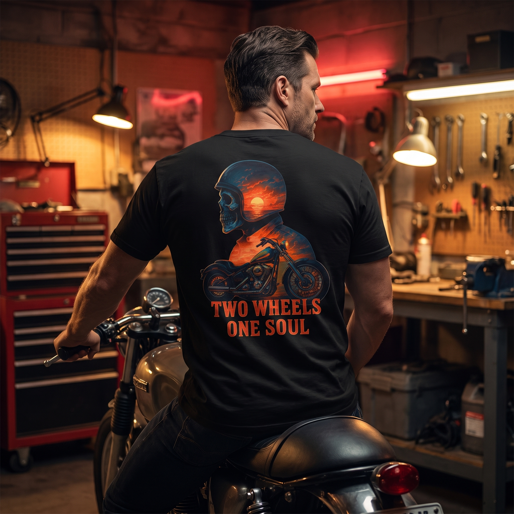Two Wheels One Soul T-Shirt worn by rider in garage
