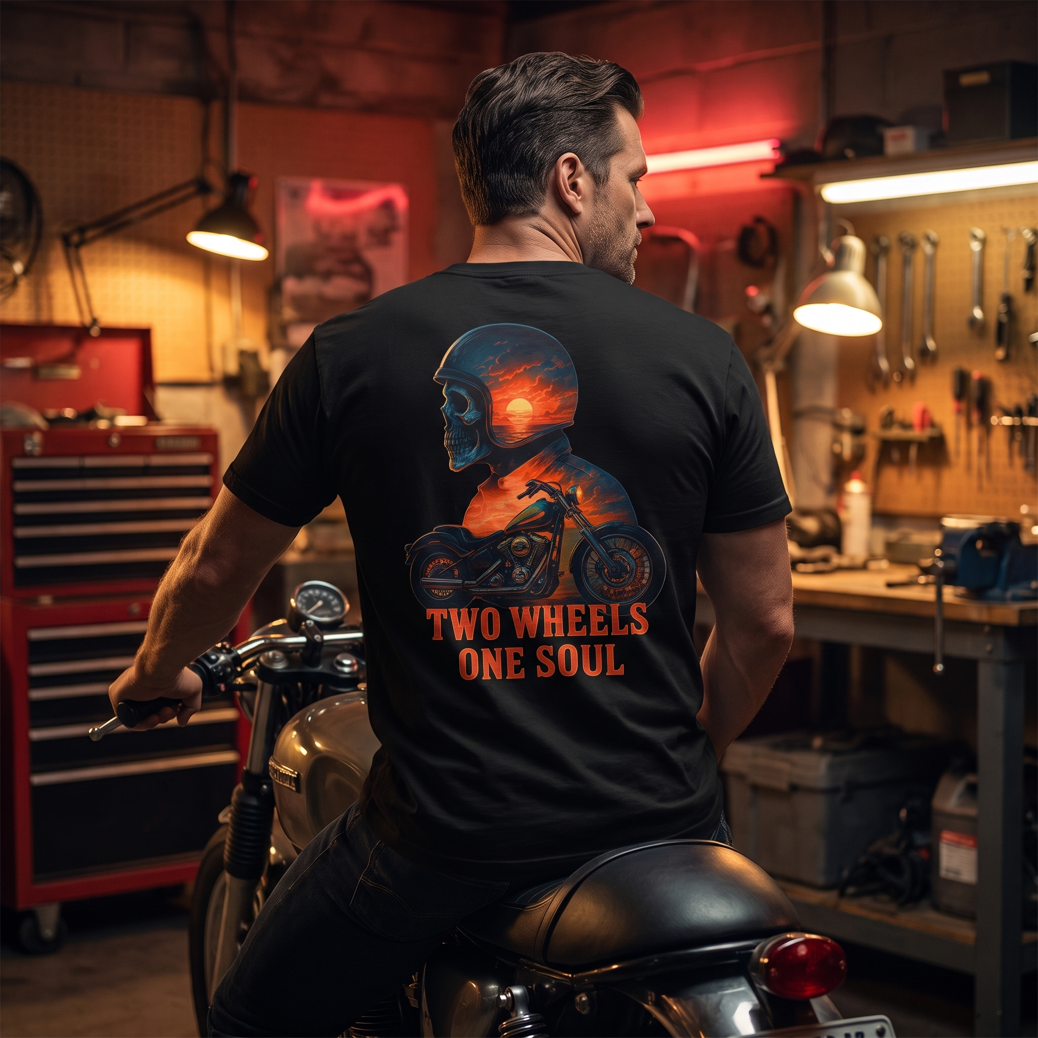 Two Wheels One Soul T-Shirt worn by rider in garage