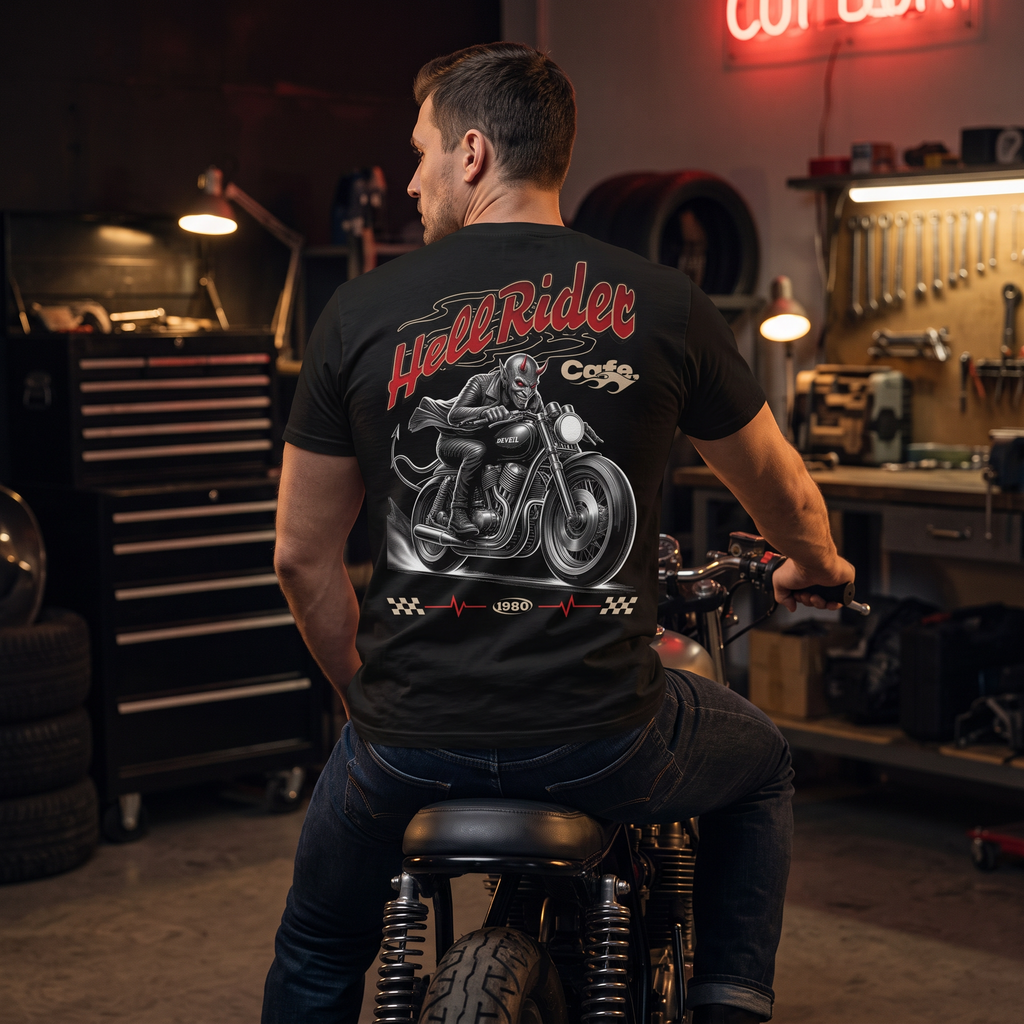 Hell Rider T-Shirt worn by rider in garage