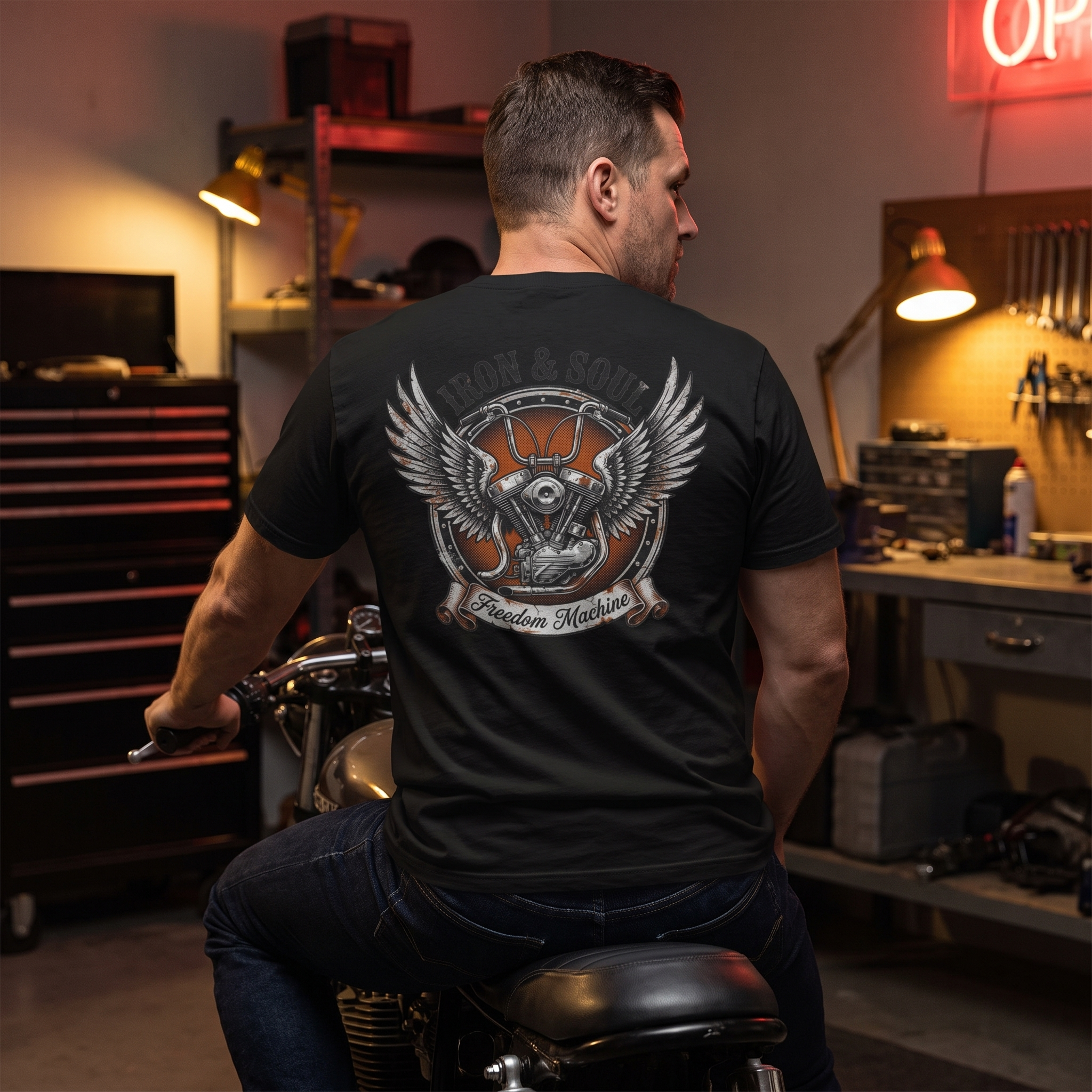 Iron & Soul T-Shirt worn by rider in garage
