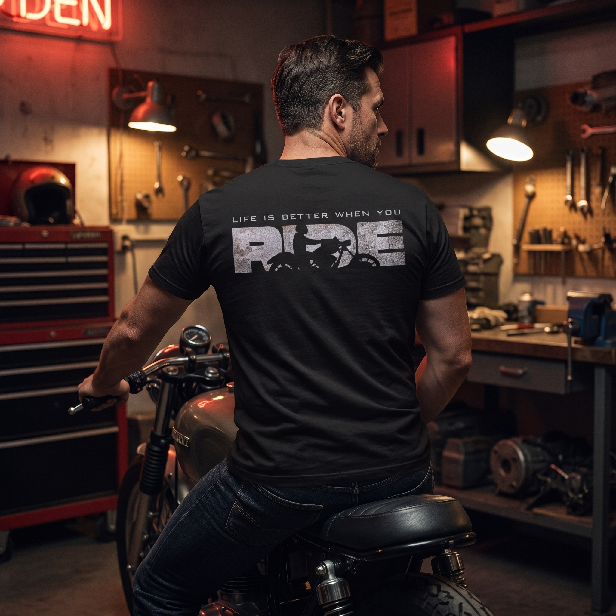 Life Is Better WYR T-Shirt worn by rider in garage