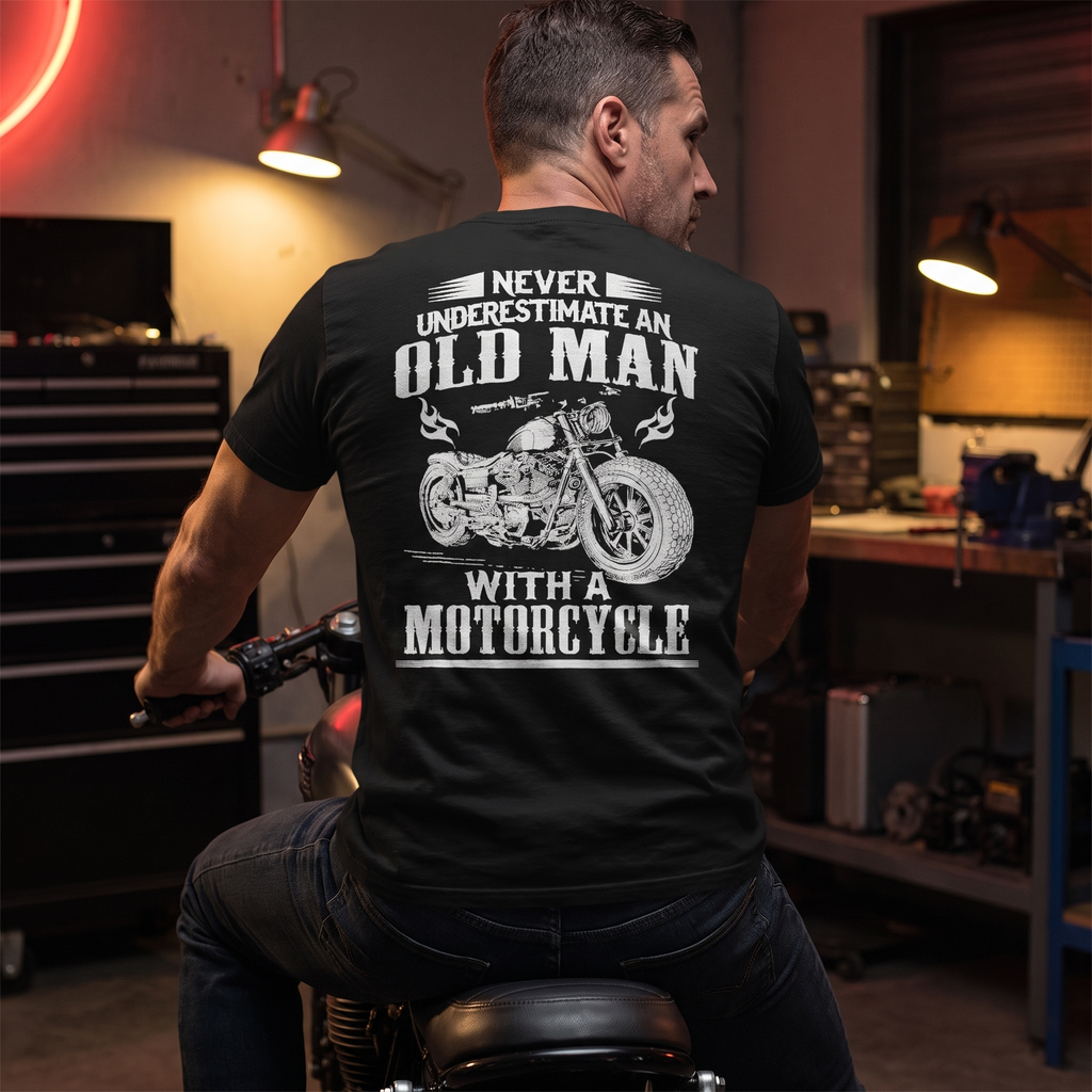 Never Old Man T- Shirt worn by rider in garage