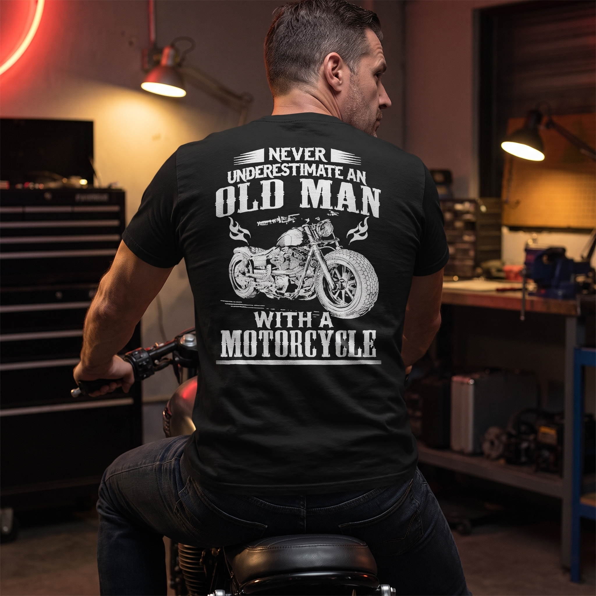 Never Old Man T- Shirt worn by rider in garage