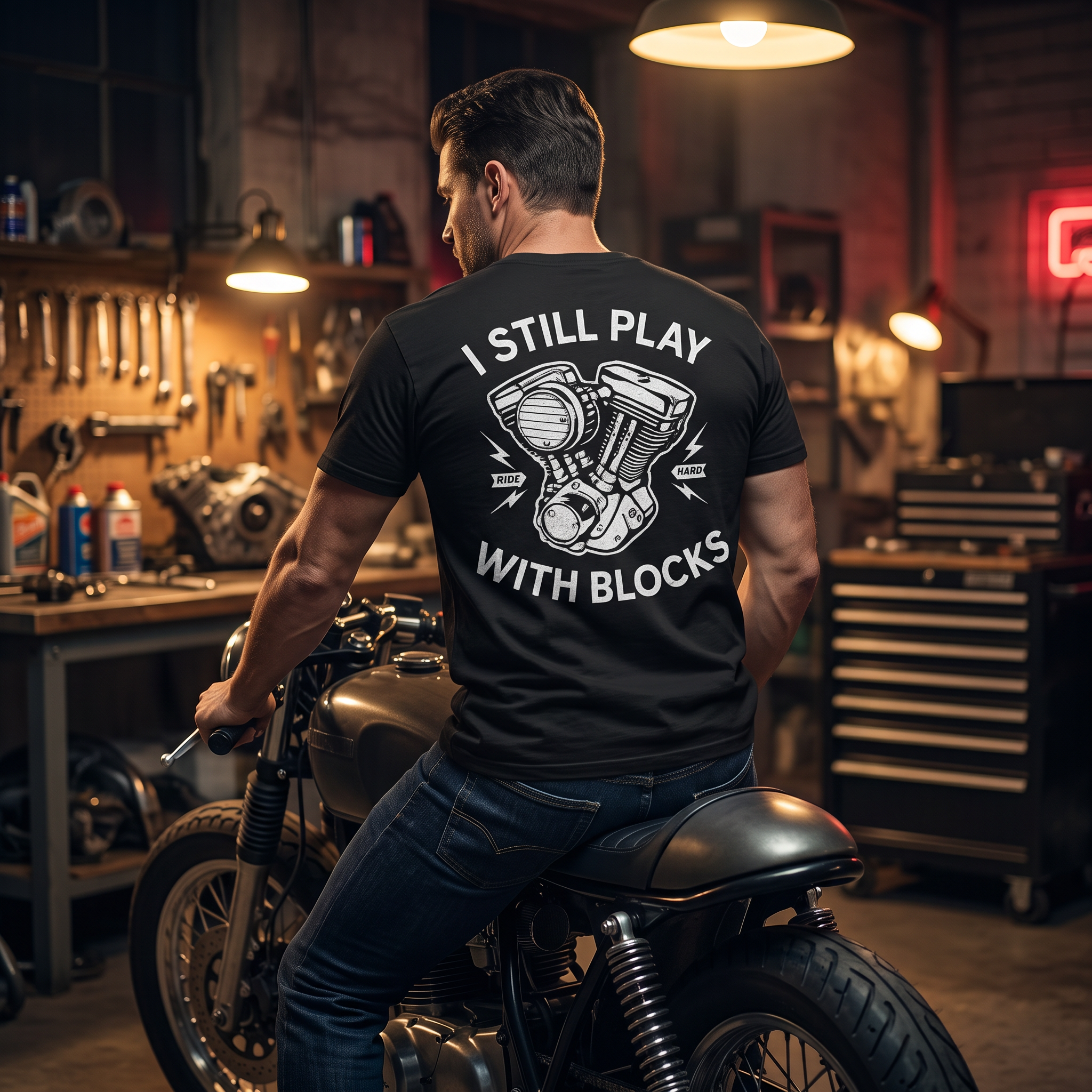 I Still Play With Blocks Motorcycle Tee worn by rider in garage