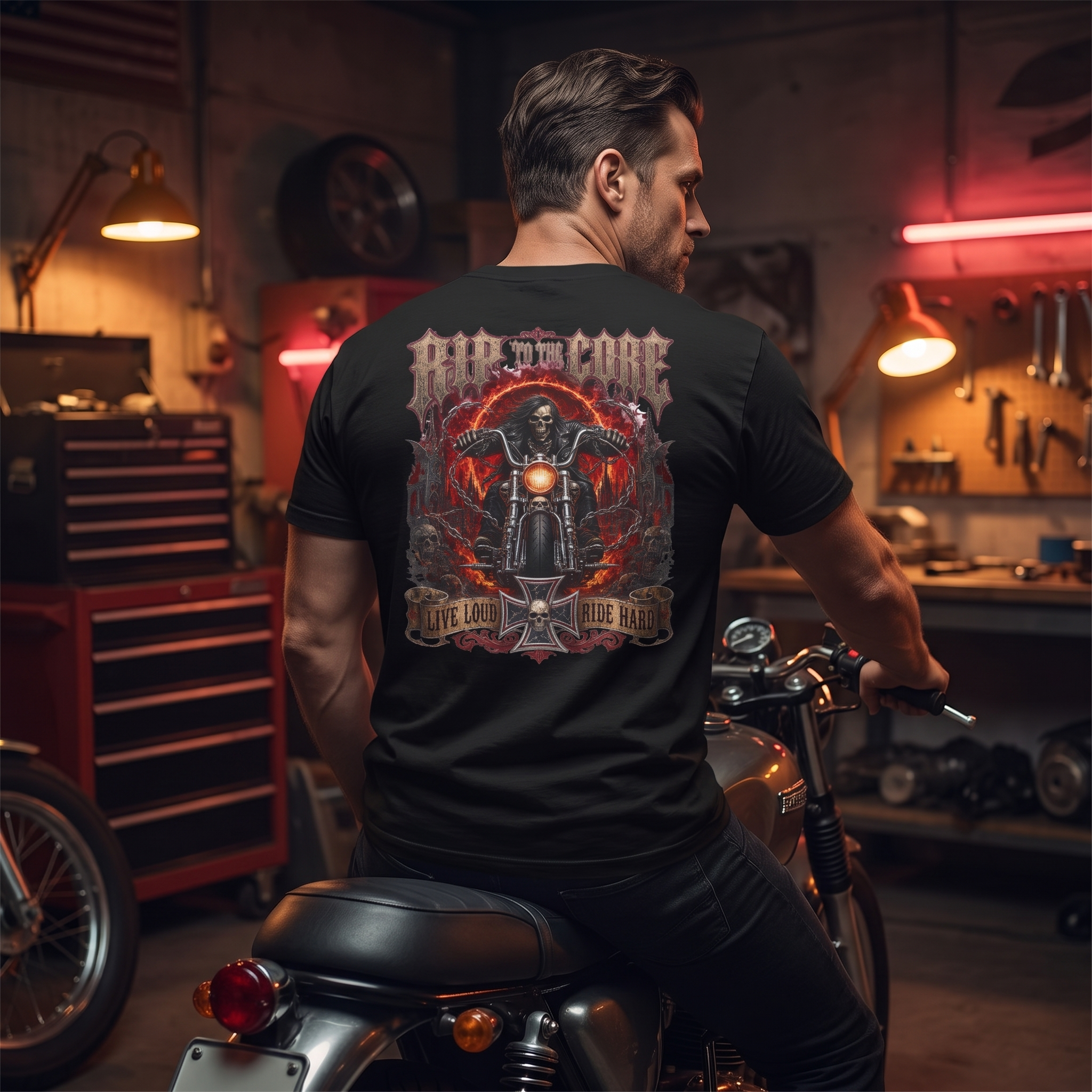 Rip To The Core T-Shirt worn by rider in garage