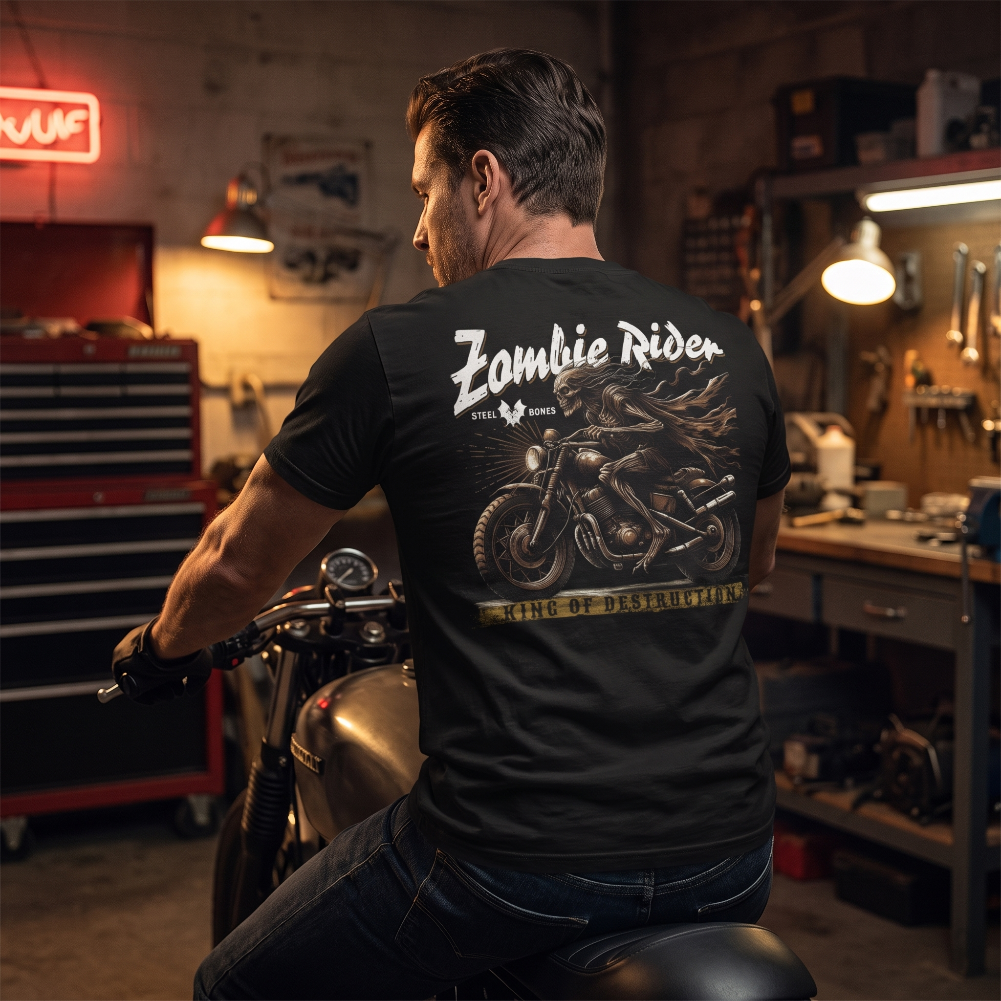 Zombie Rider T-Shirt worn by rider in garage