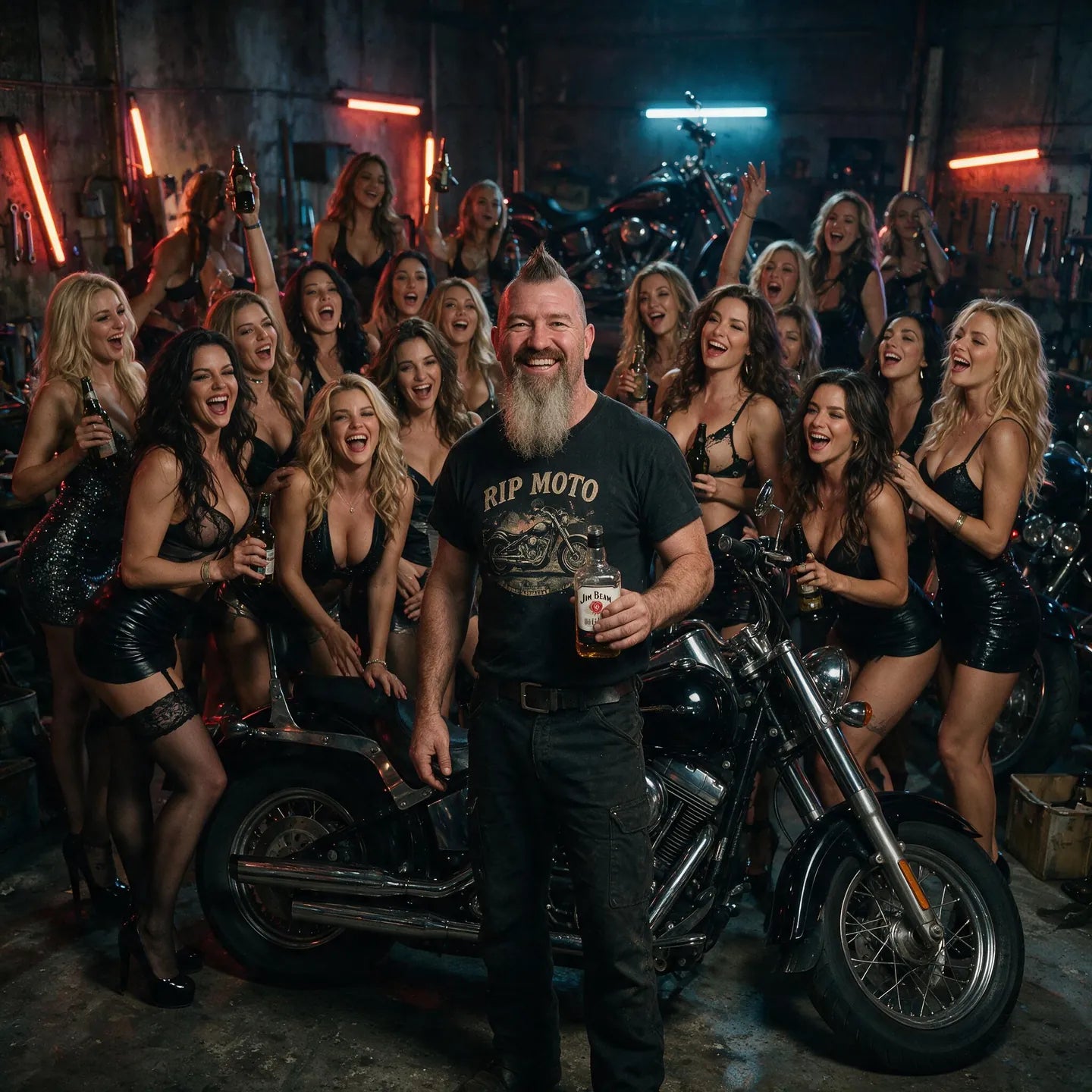 Jim, founder of RIP MOTO, with the crew and motorcycles in the garage
