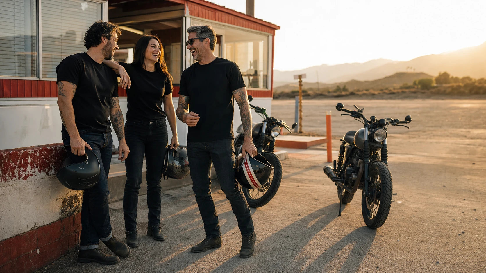 Riders sharing a laugh beside their motorcycles at sunrise